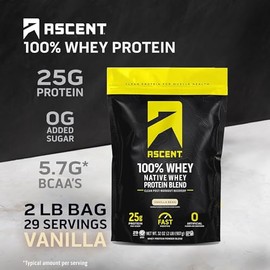 Ascent 100% Whey Protein Powder - Post Workout Whey Protein Isolate, Zero Artificial Flavors & Sweeteners, Soy & Gluten Free, 5.5g BCAA, 2.6g Leucine,