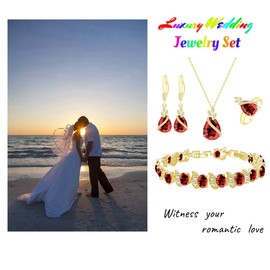 LMXXVJ - Juego de joyas para mujer, con forma de lágrima, circonita cúbica, collar, aretes, anillo ajustable, conjunto de joyas, regalo formal, Cobre, Granate sintético