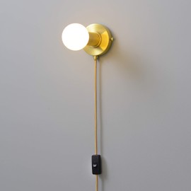 BRIGHTTIA Plug-in Simple Ring Wall Sconce Light - Brushed Gold - Modern Minimalist Lighting for Apartments and Dorms - Mid Century Industrial Exposed Bulb Wall Lamp - 15Ft Fabric Cord (BW0005-1GP)