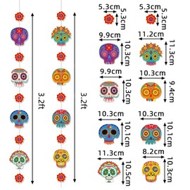 YVAINE 6 Strings Halloween Day of The Dead Sugar Skull Marigold Flowers Garland,40 inch Dia de Los Muertos Hanging Decoration Banner Garland for Home Mantel Altar Decorations Party Supplies