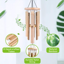 Remiawy Wind Chimes Outdoor, Bamboo Wind Chime with Natural Relaxing Soothing Sound, 6 Hand-Carved Bamboo Tubes and a Hook（32" Overall Length）