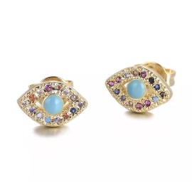 ZARD 14K Gold Evil Eye Stud Earrings with Turquoise Cubic Zirconia Accents