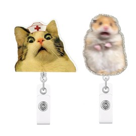 Funny Cat & Scared Hamster Badge Reel 2 Pack, Cute Retractable ID Holder with Strong Clip, Funny Nurse Badge Reel Set for Nursing Badge Use, Medical Staff Work Accessories (Cat & Hamster)
