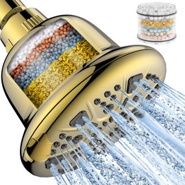 MakeFit Filtered Shower Head - High Pressure Shower Head with filter for Hard Water - Rain Shower Head Water Softener - Luxury 7 Settings Adjustable Water Filter Showerhead (Gold)