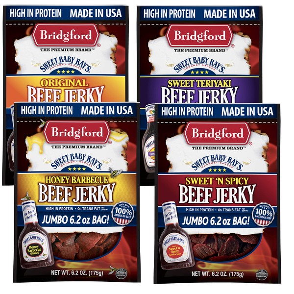 Bridgford Sweet Baby Ray's Jerky paquete variado (original, Teriyaki, Honey BBQ, Sweet N Spicy) alta en proteínas, cero grasas transversales, hecho con 100% carne de vacuno americana, 6 onzas, paquete de 4