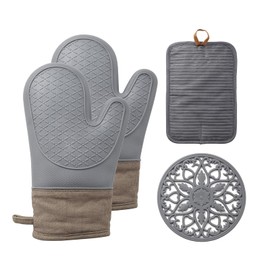 Extra Long Oven Mitts and Pot Holders Sets for Kitchen Silicone Heat Resistant 600F Mittens for Cooking Baking, Thickening Oven Mit Glove and Hot Pads Potholders, Pack of 4, Gray