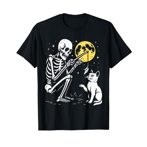 Funny Cute Skeleton Cat Moon Night Halloween Matching Tee T-Shirt