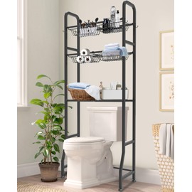 Fandature Over The Toilet Storage Rack with 3-Tier Shelf for Bathroom, Freestanding Above Toilet Stand Organizer with 6 Adjustable Shelves & 4 Hanging Hooks, Black