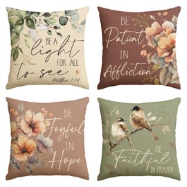 AVOIN colorlife Eucalyptus Leaves Joyful in Hope Bird Chickadee Throw Pillow Covers, 20 x 20 Inch Seasonal Spring Fall Terracotta sage Flowers Cushion Case for Sofa Couch Set of 4