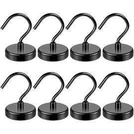 FINDMAG Pack of 8 Black Magnetic Hooks, Extra Strong, 32 mm, 45 kg (100 lbs), Pull Neodymium Magnetic Hooks, Super Strong Magnets with Hooks for Cruises, Magnetic Hooks for Cooking Grate Kitchen