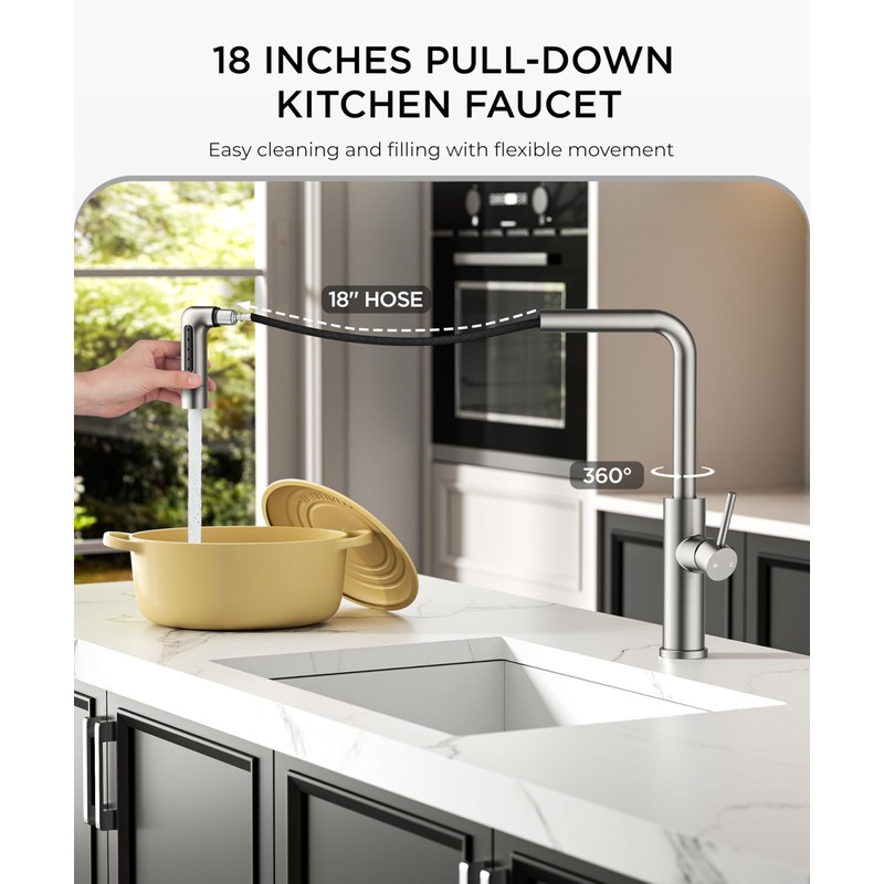 FORIOUS Waterfall Kitchen Faucet with Pull Down Sprayer, 5 Spout