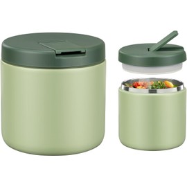 Itslife Thermal Food Container, 560 ml, Stainless Steel Warming Container, Children's Leak-proof Lunch Container with Buckle Cover, Wide Neck, Insulation, Suitable for Cold and Hot Food, Green