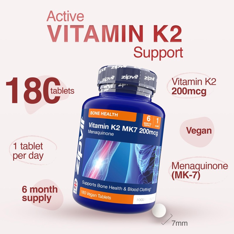 Zipvit Vitamin K2 MK7 200mcg, High Strength K2 Vitamin Supplement,