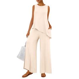 PRETTYGARDEN Women's 2025 Two Piece Matching Lounge Sets Asymmetrical Split Tank Tops Wide Leg Pants Summer Outfits Tracksuit (Beige,X-Large)