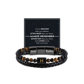 BAYLAY Gifts for Him - Leather Beads H Initial Bracelet Cross Bracelet for Men Natural Stone Bracelets Birthday Gifts for Him Man Father Grandpa