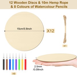 HavaCue 12PCS 15CM Wood Circles for Craft,Natural Round Wooden Discs mit Jute Rope Colour Pen,Unfinished Wood Circles for Crafts,Pyrography,Painting,Home Decoration
