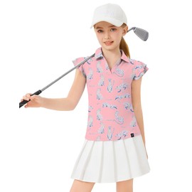 Soneven Girls Golf Polo Shirts V Neck Ruffle Sleeveless Tennis Shirts Lightweight Quick Dry Athletic Tank Tops(Pink | Leopard, Large)