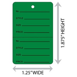 Small (1.25" X 1.875") Dark Green Unstrung Coupon Merchandise Tag with Perforation. Case of 2,000 Tags.