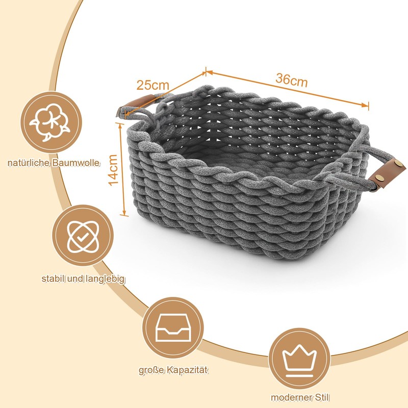 Braided Storage Basket, Washable and Foldable, Basket with Leather Handles,