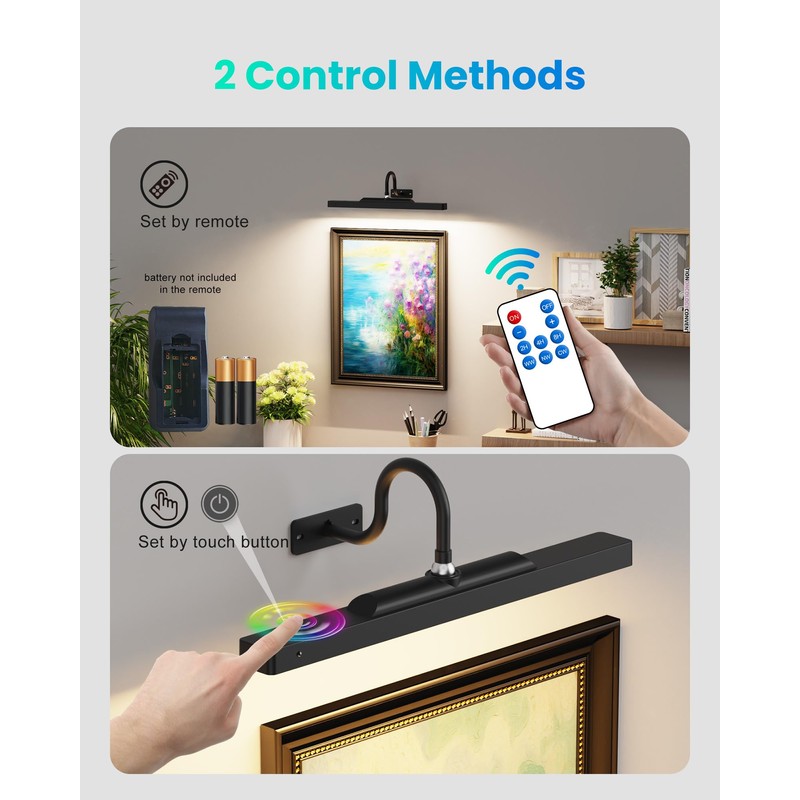 Dimmable Cordless Picture Light with Controller and Timer, Rechargeable 5000mAh