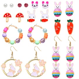 6/10Pairs Easter Earrings Sets Easter Bunny Colorful Beaded Hoop Earrings Chick Egg Carrot Stud Dangle Spring Holiday Jewelry Gifts