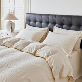 YuHeGuoJi Beige Textured Duvet Cover Queen 100% Cotton 3 Pcs Set 1 Cream Circle Striped Jacquard Duvet Cover with Zipper Ties 2 Pillow Shams Washed Cotton Cream Yellow Wide Trim Bedding Set Soft