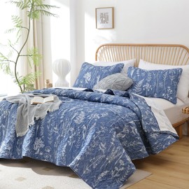 JANZAA Quilt King Size Infinity Blue Quilt Bed Spread Boho Quilt with Floral Pattern Microfiber Quilts Set 3 Pieces Lightweight Comforter Reversible Bedding Set,1Quilt 104x90 inches, 2 Pillowcases