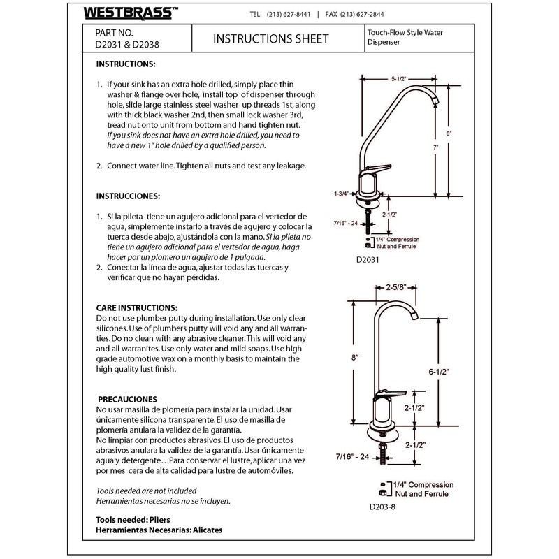 Westbrass D2031-NL-12 8" Touch-Flo Style Pure Cold Water Dispenser Faucet,