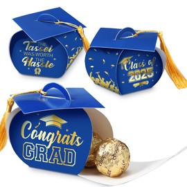 Lasnten 24 Pcs Graduation Gift Boxes Blue Gold Graduation Cap Candy Box Class of 2025 Congrats Grad Treat Box Grad Centerpieces Graduation Party Favor for Tables Graduation Decoration