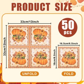 50 Count Thanksgiving Napkins – Fall Pumpkin and Sunflower Disposable Paper Napkins for Harvest Table Decor, Autumn Dinner Parties, and Seasonal Entertaining