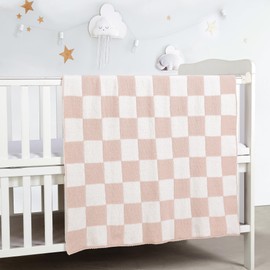 CREVENT 76X102cm Cozy Soft Warm Chenille Baby Blanket for Girls Boys, Newborn Essentials for Infant, Baby Shower - Checked Pink