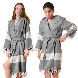 Loomvia Lightweight bathrobe made of 100% cotton, 240 g/m², S to XL, unisex dressing gown for men and women, soft, absorbent and breathable, ideal as a sauna robe, spa or home, black, L