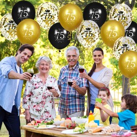 RUMIA 75th Birthday Balloons for Men, 15 Pcs Black Gold Happy 75th Birthday Balloons, Black Gold 75th Birthday Party Decorations Balloons for Men Women 75th Birthday Decor