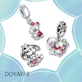 Doyafer 925 Sterling Silver Charms Set Pink Piggy, Bear, Donkey Cartoon Beads Pendant for Women Girls Bracelets Necklace Birthday Gifts 3-Piece/Package
