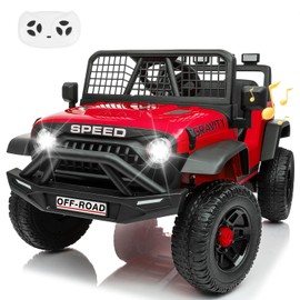 24V Jeep Power Wheels w/Remote Control, 4WD Ride on Truck Car, 3 Speed, Bluetooth Music, Wide Seat, Spring Suspension, LED Light, Birthday for Boys Girls Toddler (Black+Red)