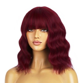 BERON 14 Inches Red Wig Short Curly Wigs Wine Red Wigs with Bangs for Women Synthetic Wig with Hairnet