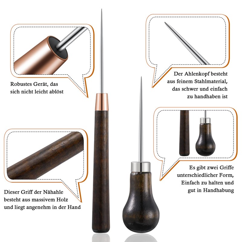 2 Pieces Solid Wood Handle Drillable Awl Craft Cloth Professional