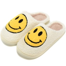 Smile Face Slippers for Women Men Warm Non-Slip Comfortable Home Happy Face Slippers Winter Slides, Yellow, 8.5-9.5 Women/8-9 Men