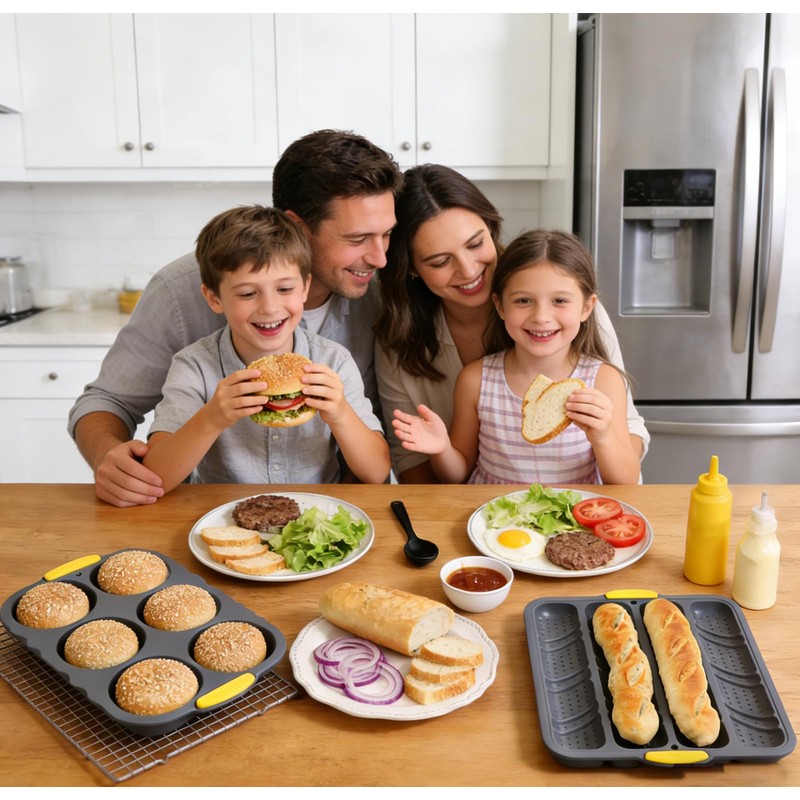 5 Pcs Silicone Baguette Baking Mold and Hamburger Bun Pan