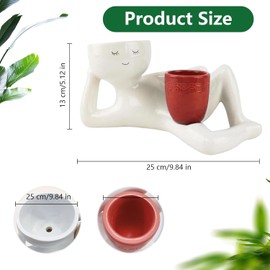 Lazy Guy Planter - Funny Smiling Face Resin Flower Pot with Double Drainage Hole, Cute Lying Down Figure Succulent & Cactus Planter, Unique Home Garden Decor Gift for Family & Friends (red)