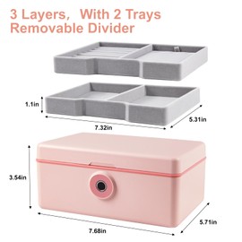 Fingerprint Storage Box 3 Layers Organizer Box Large Capacity Fingerprint Safe Jewelry Box for Women Girls Portable Cash Security Lock Box Safe for School, Home,Office,Travel,Gift(Pink 2 Trays)