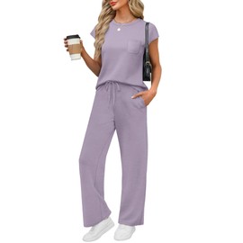 WIHOLL Matching Sets Women Clothing Summer 2025 Petite Lounge Sets Travel Outfits Business Casual 2 Piece Comfy Sets Women's Clothing Trendy Dressy Athleisure Pjs Elastic Waist Loungewear Purple S
