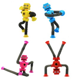 Bambebe Stretchy Robot Fidget Toys 4 Pack – Telescopic Pop Tubes with Suction Cups, Sensory Toys for Kids & Adults, Autism Travel Toys, Bath Toys, Party Favors for Kids 3-9 Years(Color Box Packaging)