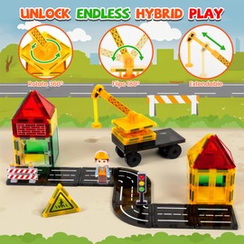 cossy Magnetic Tiles Road Set, Magnetiles with Mobile Crane, Magnetic Tiles for Kids Ages 4-8, STEM Toys, Magnet Blocks for Boys and Girls, Creative Building Toys, Engineering
