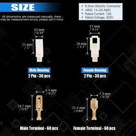 Glarks 180Pcs 6.3mm 2 Pin Way Electrical Automotive Wire Connector Male Female Socket Plug and Terminals Kit for Motorcycle, Bike, Car, Boats (30Set 6.3mm 2P)