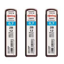 Rotring Tikky 0.7mm 2B Hi-Polymer Strong Dark Pencil Lead Refills for Mechanical Pencils - 36 Leads in Total - Pack of 3 Tubes
