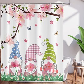 ChloropLastid Floral Shower Curtain Pink Cherry Blossom Gnomes Bath Curtains Butterflies Daisy Bathroom Decor Peach Tree Polyester Waterproof Fabric Shower Curtains Set with Hooks 72" Wx72 H