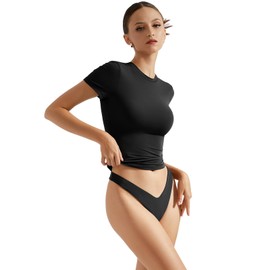 SUUKSESS Women Double Lined Fitted Basic Tee Shirts Crew Neck Short Sleeve Y2K Going Out Crop Tops (Jet Black, XXS)