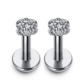 PiercingJ 2pcs 16g 316L Stainless Steel 3mm Cubic Zirconia Labret Monroe Lip Ring/Tragus/Helix Earring,6MM Bar Length