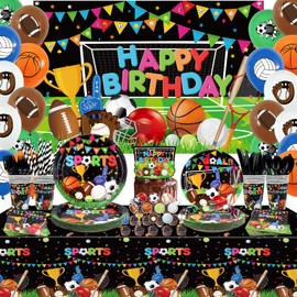 Sports Theme Birthday Party Decorations - Including Happy Birthday Backdrop, Tableware, Tablecloth and Balloons, Soccer Basketball Baseball Football Theme Party Supplies for Kids and Adult, Serves 20